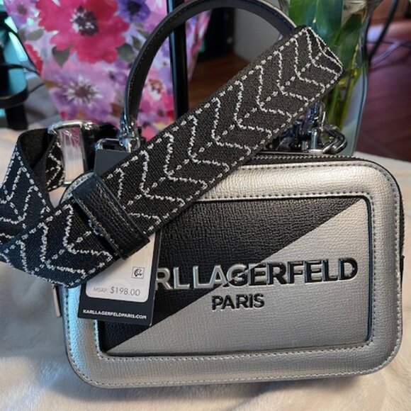 Karl Lagerfeld Paris, NWT Unisex Black Simone Two Tone Crossbody - Picture 2 of 8